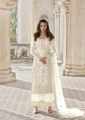 Swagat Swati Heavy Butterfly Net With Embroidery Work Palazzo Suit White Color DN 3304