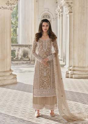 Swagat Swati Heavy Butterfly Net With Embroidery Work Palazzo Suit Chiku Color DN 3304