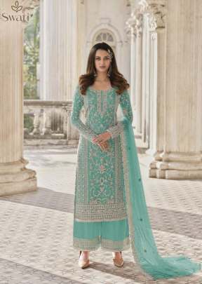 Swagat Swati Heavy Butterfly Net With Embroidery Work Palazzo Suit Sky Color DN 3304