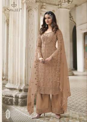 Swagat Swati Heavy Butterfly Net With Embroidery Palazzo Suit Chiku Color DN 3308