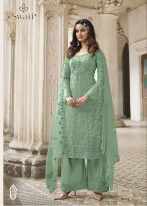 Swagat Swati Heavy Butterfly Net With Embroidery Palazzo Suit Pista Color DN 3308