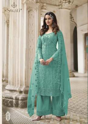 Swagat Swati Heavy Butterfly Net With Embroidery Palazzo Suit Sky Color DN 3308