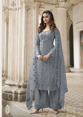 Swagat Swati Heavy Butterfly Net With Embroidery Palazzo Suit Grey Color DN 3308