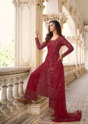 Swagat Swati Heavy Butterfly Net With Embroidery Palazzo Suit Red Glow Color DN 3306