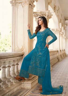 Swagat Swati Heavy Butterfly Net With Embroidery Palazzo Suit Blue Color DN 3306