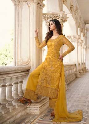 Swagat Swati Heavy Butterfly Net With Embroidery Palazzo Suit Yellow Color DN 3306