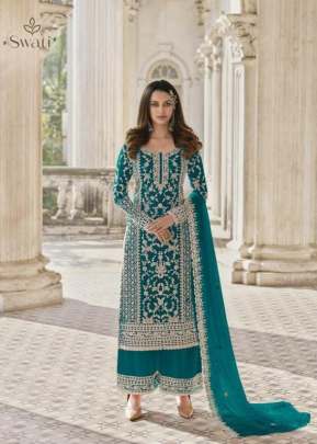 Swagat Swati Heavy Butterfly Net With Embroidery Work Palazzo Suit Teal Blue Color DN 3304