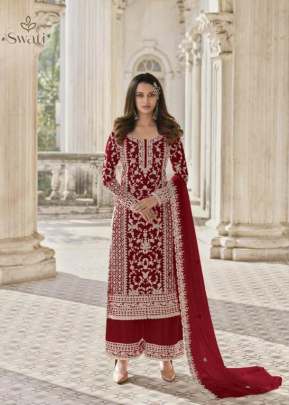 Swagat Swati Heavy Butterfly Net With Embroidery Work Palazzo Suit Red Color DN 3304