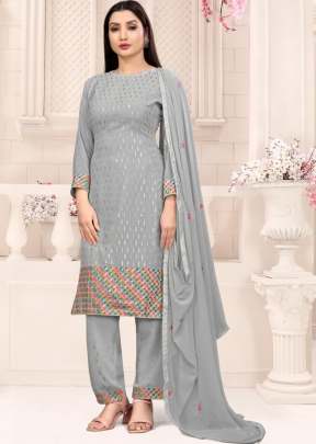 Teena Faux Georgette With Dual Sequence And Multi Embroidery Work Designer Suit Grey Color DN 1001