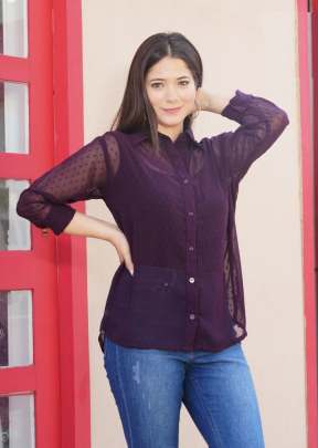 Trendy Shirts Georgette Butti With Full Sleeves Tops  Wine Color