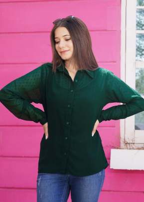 Trendy Shirts Georgette Butti With Full Sleeves Tops  Green Color