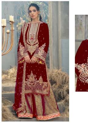 Velvet With Sequence Embroidery Work Pakistani Suit Red Color DN 135