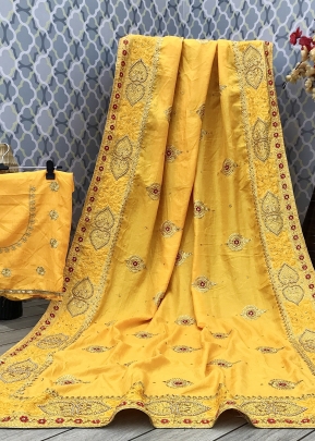 Vichitra Leaf  Designer Embroidery Vichitra Silk Saree Yellow Color