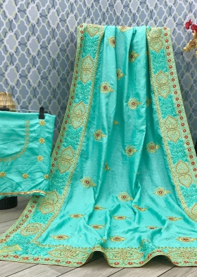 Vichitra Leaf  Designer Embroidery Vichitra Silk Saree Sky Blue Color