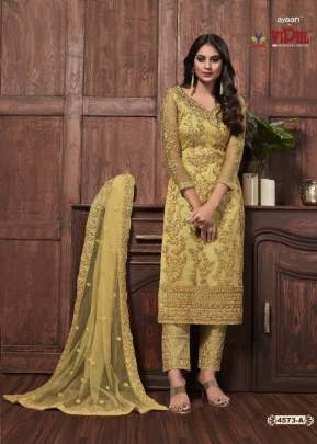 Vipul Ayaan Heavy Butterfly Net With Embroidered Designer Salwar Suit Yellow Color DN 4573