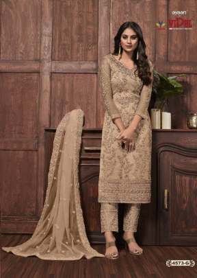 Vipul Ayaan Heavy Butterfly Net With Embroidered Designer Salwar Suit Chiku Color DN 4573