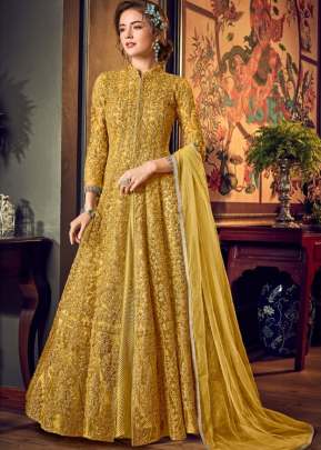 Vipul Designer Heavy Vaishnavi Net With Sequence And Stone Work Anarkali Suit Yellow Color DN 4554