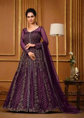 Vipul Elliza Heavy Butterfly Net With Embroidery Work Anarkali Gown Wine Color DN 4733