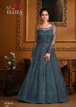 Vipul Elliza Heavy Butterfly Net With Embroidery Work Anarkali Gown Rama Color DN 4736