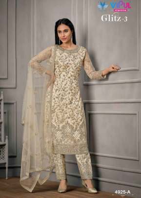 Vipul Glitz Pant Style Heavy Butterfly Net With Embroidered Designer Suit Off White Color DN 4925