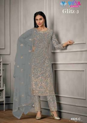 Vipul Glitz Pant Style Heavy Butterfly Net With Embroidered Designer Suit Grey Color DN 4925