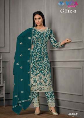 Vipul Glitz Pant Style Heavy Butterfly Net With Embroidered Designer Suit Teal Color DN 4925