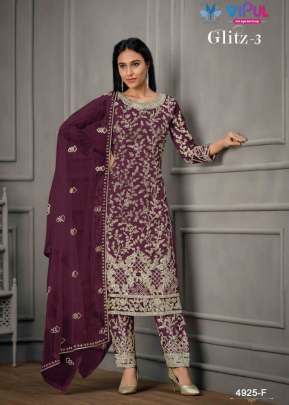 Vipul Glitz Pant Style Heavy Butterfly Net With Embroidered Designer Suit Wine Color DN 4925