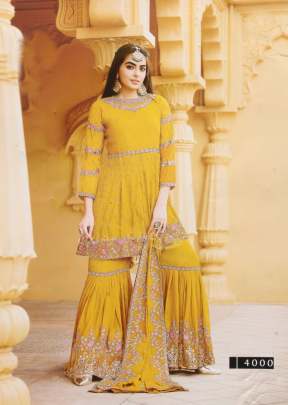 Your Choice Zaraa Heavy Faux Georgette With Embroidery Sharara Suit Yellow Color DN 4000