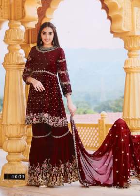 Your Choice Zaraa Heavy Faux Georgette With Embroidery Sharara Suit Maroon Color DN 4003